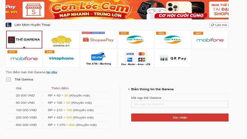 Chọn mục Thẻ Garena, nhập mã thẻ bên dưới và xác nhận.