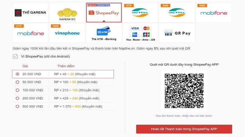 Nạp thẻ Liên minh qua ví Shopee Pay