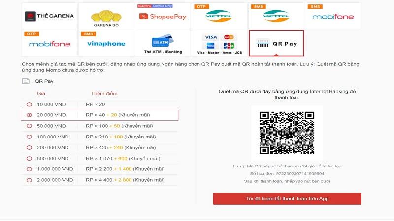 Nạp thẻ Garena qua QR Pay