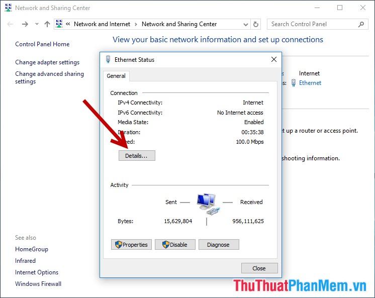 Hộp thoại Ethernet Status xuất hiện, nhấn Detail để xem thông số chi tiết