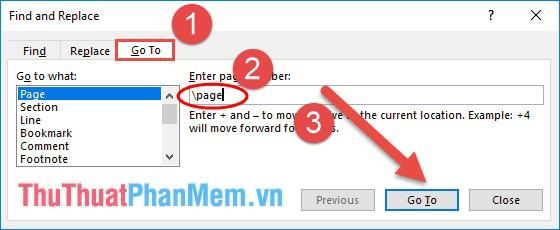 Nhập “\page” vào trường Nhập số trang