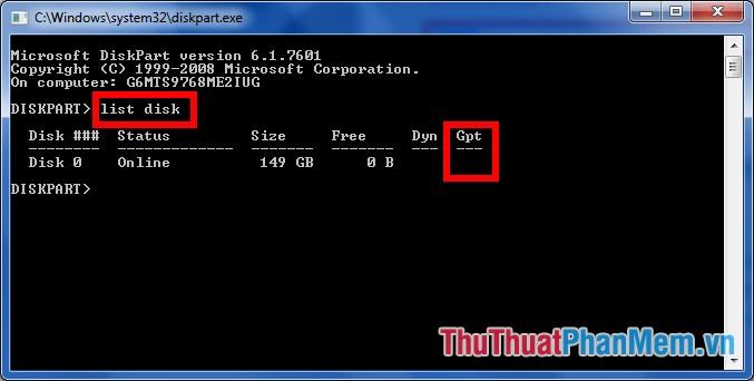 Trong cửa sổ diskpart.exe nhập lệnh disk list và nhấn Enter