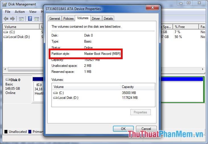 Chọn tab Volumes, xem Partition style