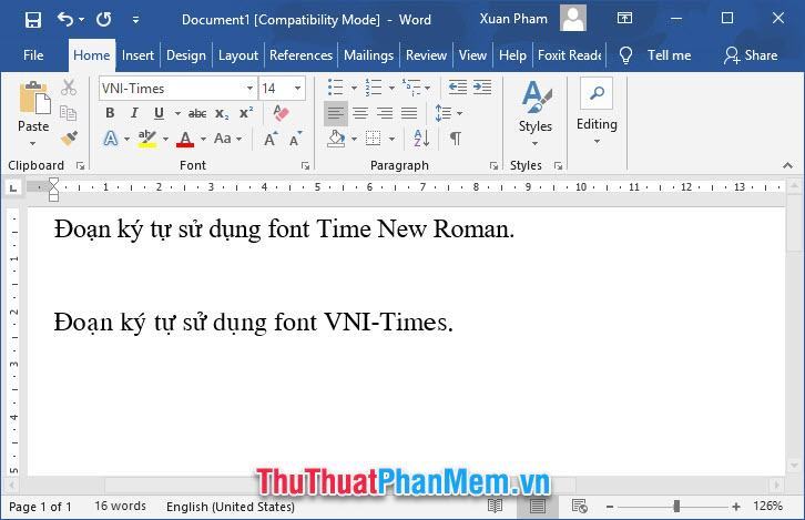 So sánh 2 font Time New Roman và VNI-Times
