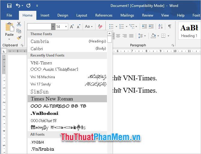 Chọn phông chữ Time New Roman