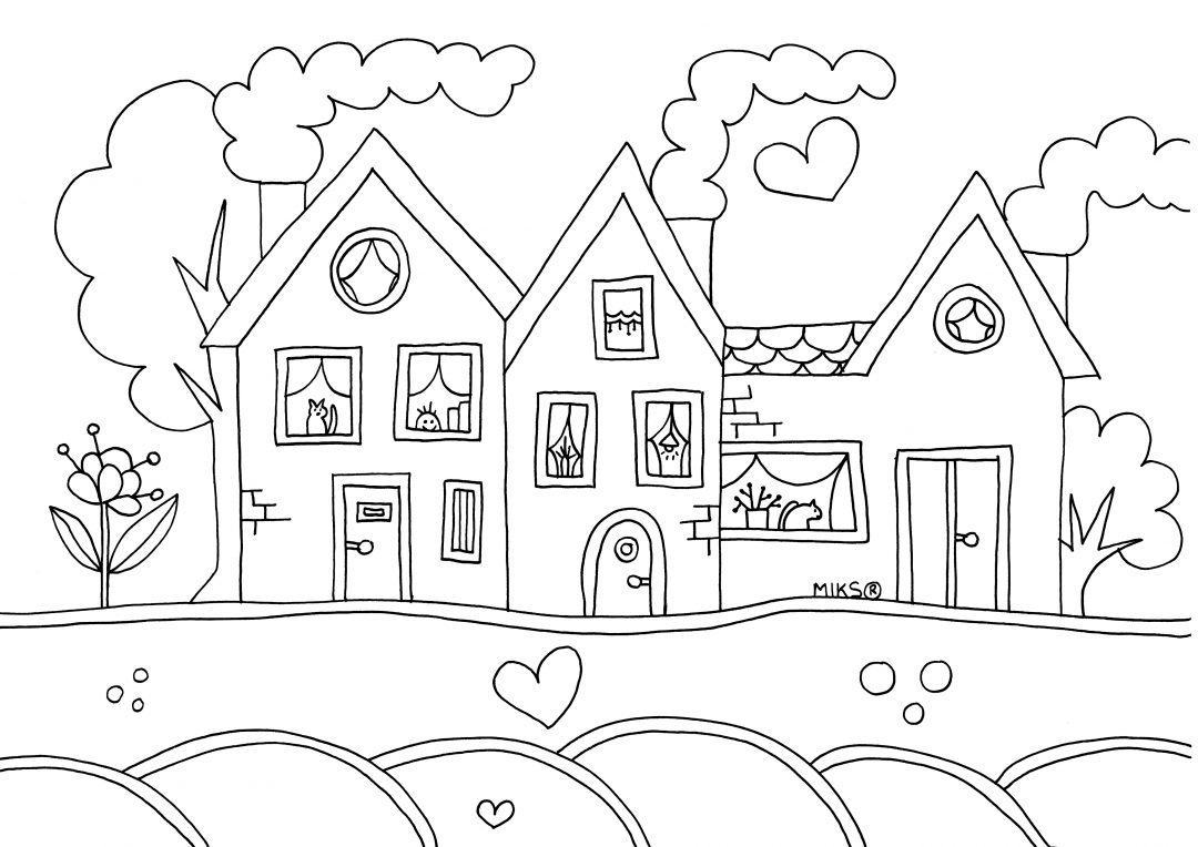 Painting a beautiful house for kids to practice coloring