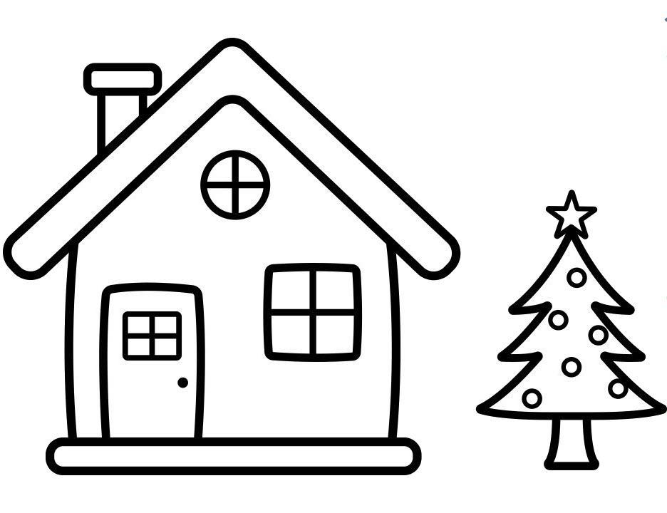 Coloring picture of house and pine tree