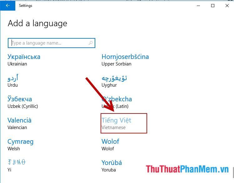 Hộp thoại hiện ra, di chuyển chuột chọn ngôn ngữ tiếng Việt