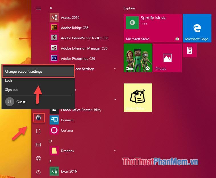 Nhấn phím logo Windows, nhấp vào hình đại diện và chọn “Thay đổi cài đặt tài khoản”