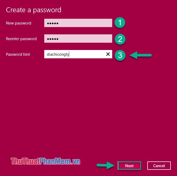 Nhập mật khẩu muốn cài đặt (1), nhập lại mật khẩu (2), nhập gợi ý mật khẩu (3)