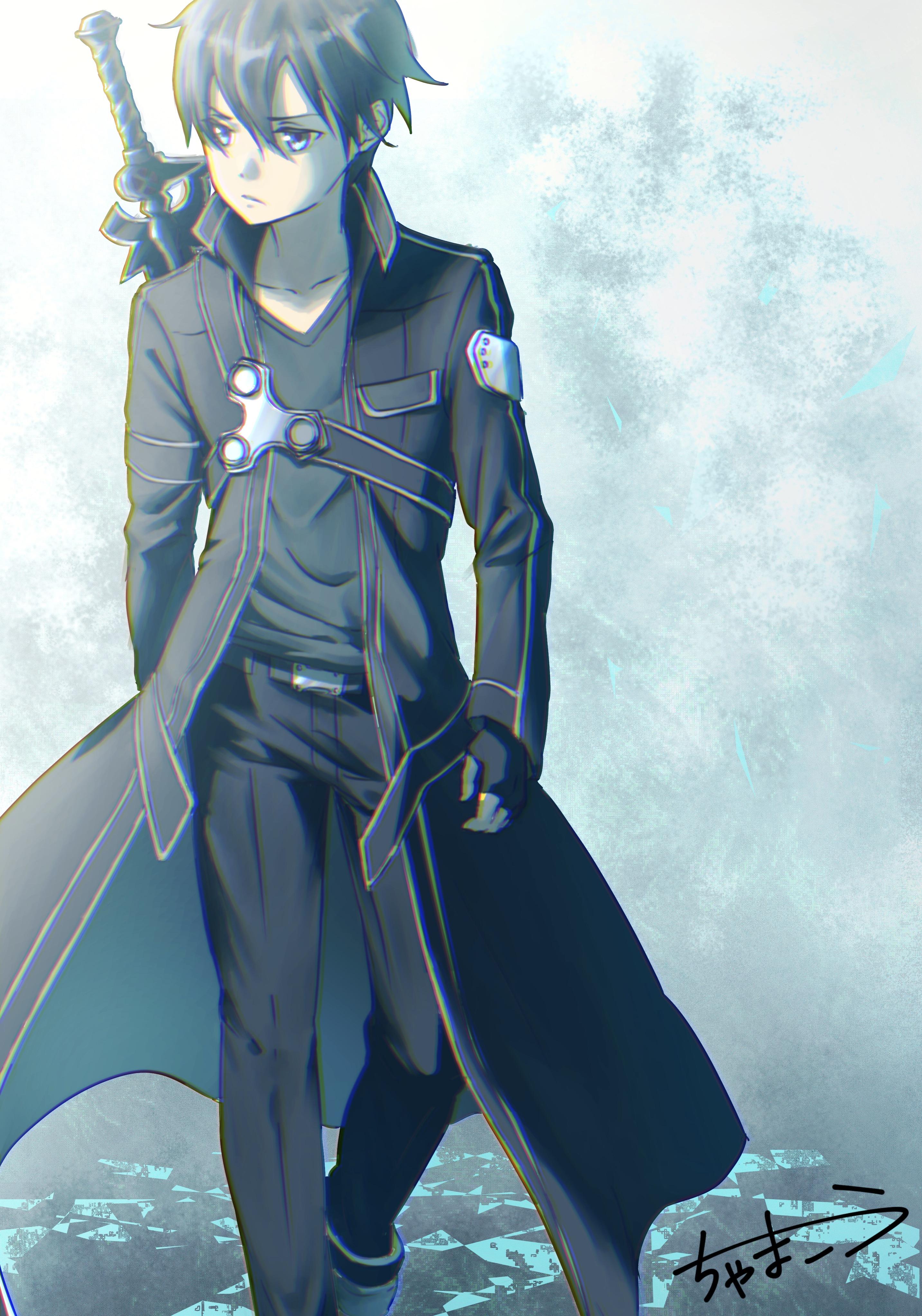 Hình ảnh Kirito mặc áo choàng dài với thanh kiếm sau lưng trông rất lãng mạn