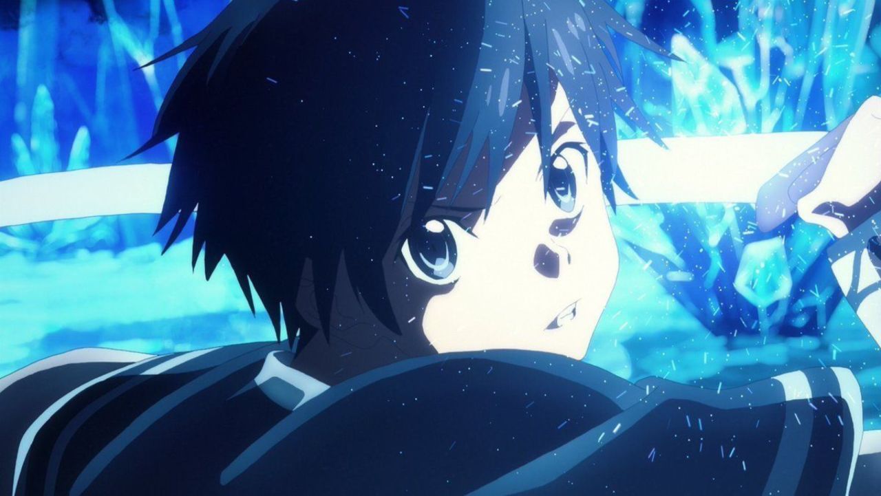 Dáng người có tông màu xanh lam với đôi mắt kiên định của Kirito