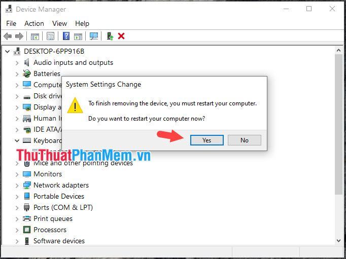 Bấm Yes để khởi động lại máy và tắt bàn phím trên laptop