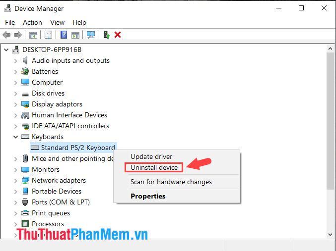 Nhấp chuột phải vào Bàn phím PS2 tiêu chuẩn và chọn Gỡ cài đặt thiết bị