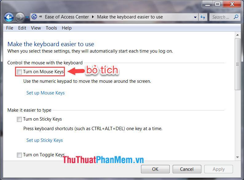 Bỏ chọn Bật phím chuột
