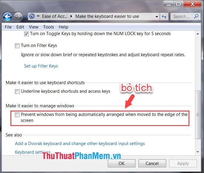 Bỏ chọn Ngăn các cửa sổ tự động sắp xếp khi di chuyển đến cạnh màn hình