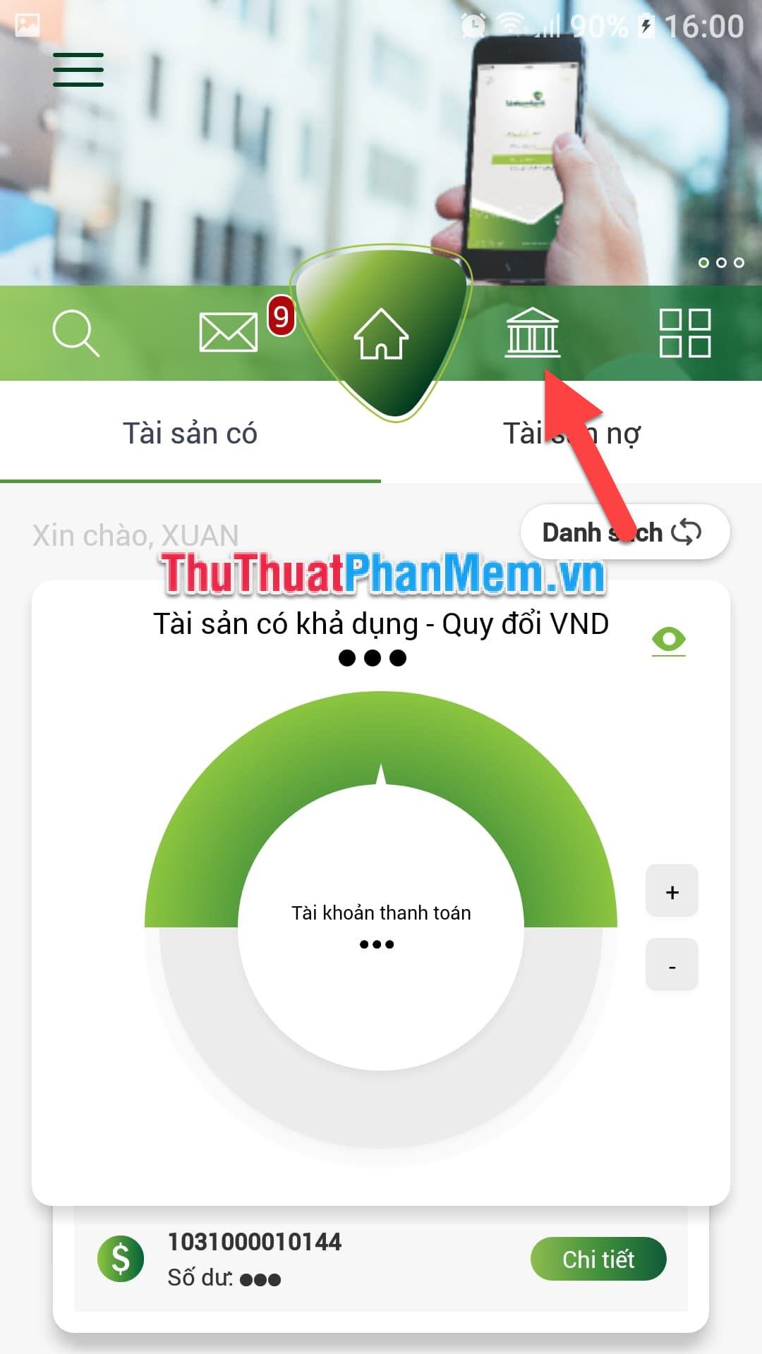 Bấm vào biểu tượng ngân hàng