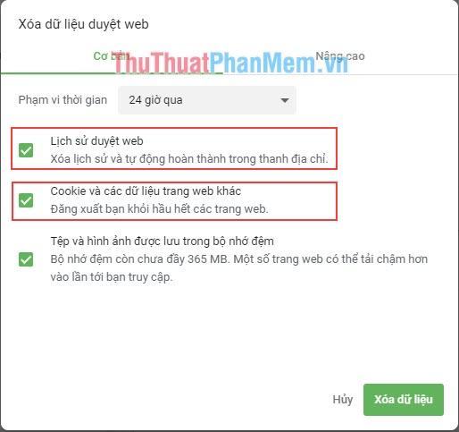 Chọn thông tin muốn xóa và nhấn Clear Data