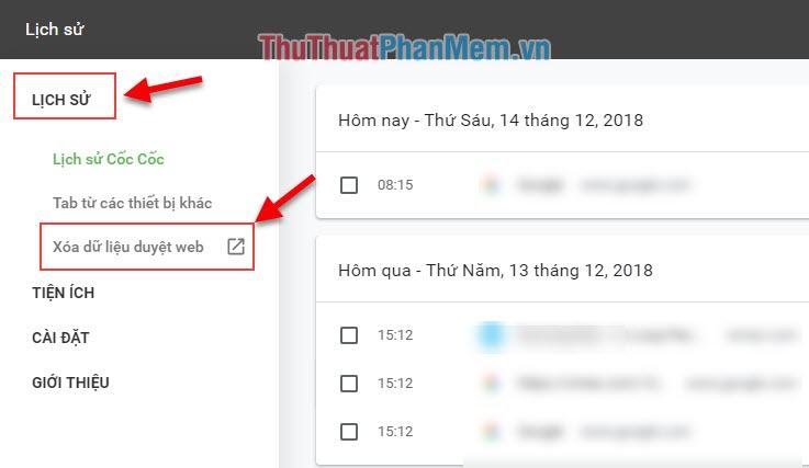 Chọn Lịch sử - chọn Xóa dữ liệu duyệt web