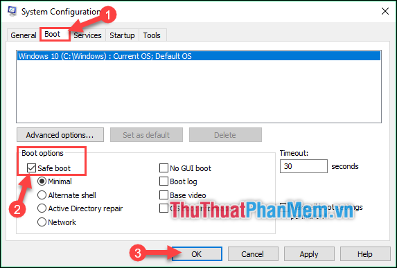 Chọn Khởi động an toàn trong Khởi động và bấm OK