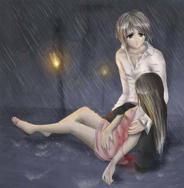 Ảnh anime couple buồn dưới mưa