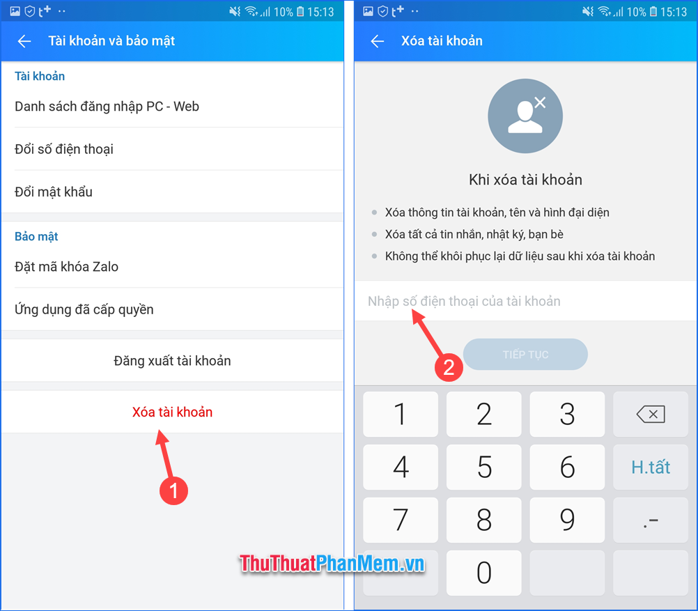 Chọn Xóa tài khoản rồi nhập số điện thoại dùng để đăng ký tài khoản Zalo