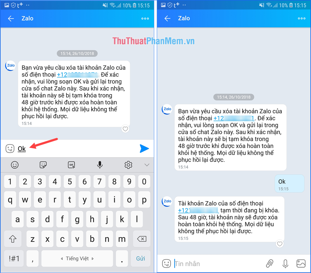 Soạn tin nhắn với nội dung OK và nhấn Gửi