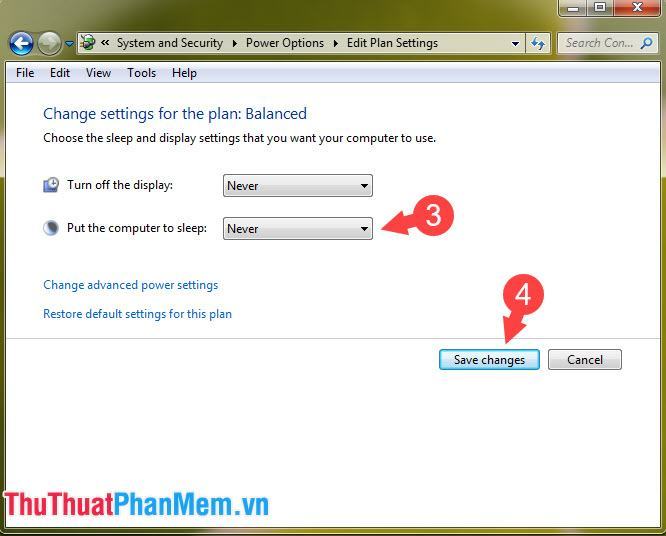Thay đổi phần Đặt máy tính ở chế độ ngủ thành Không bao giờ