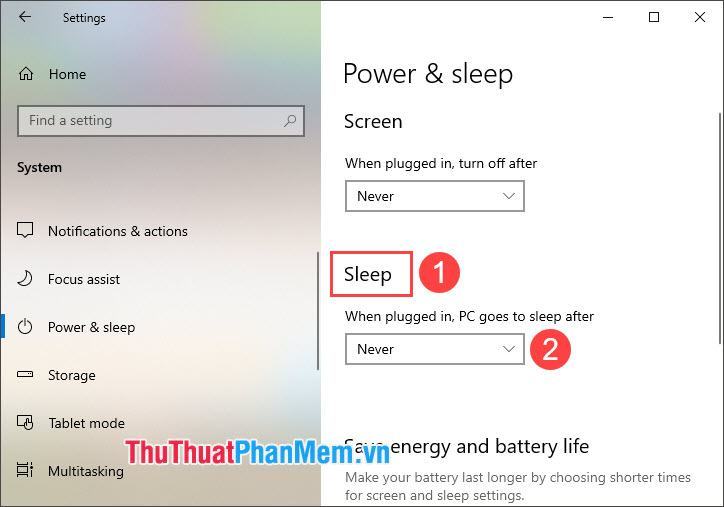 Thay đổi Khi được cắm, PC sẽ chuyển sang chế độ ngủ sau thành Không bao giờ