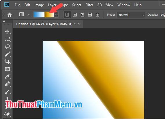 Để chọn màu cho gradient, đầu tiên bạn cần click vào bảng màu trên thanh công cụ Gradient.