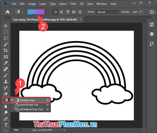 Chọn công cụ Gradient Tool rồi click vào bảng màu trên thanh Menu