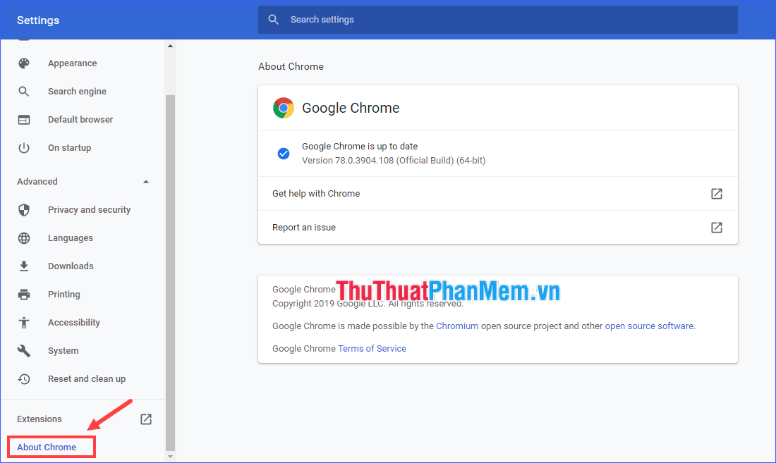Chọn Giới thiệu về Chrome