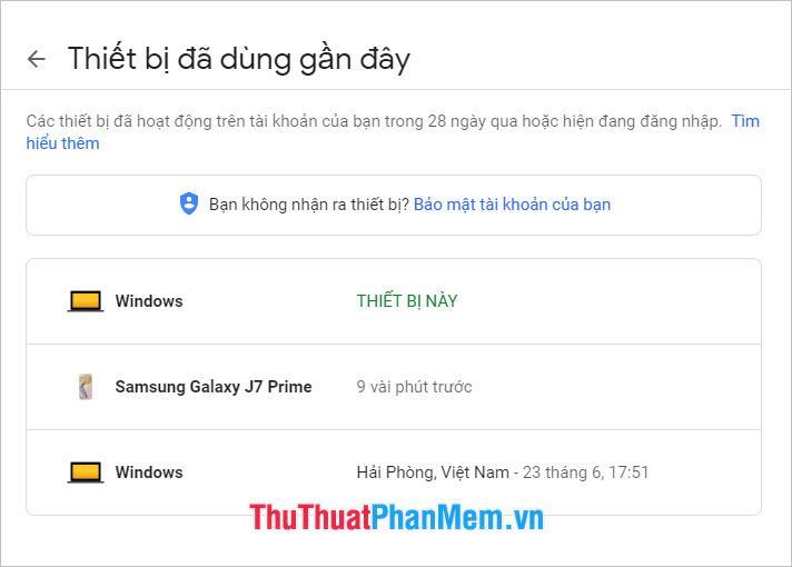 Thiết bị được sử dụng gần đây