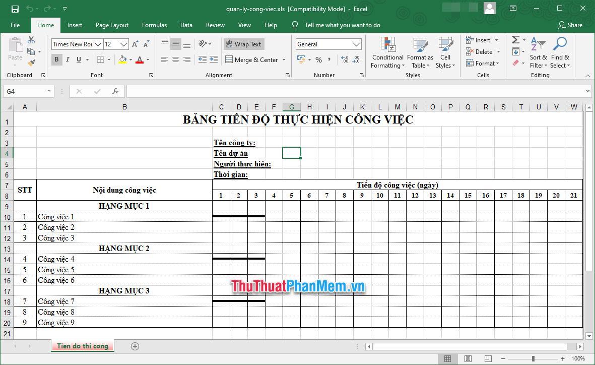 Mẫu kế hoạch công việc Excel chuẩn 4