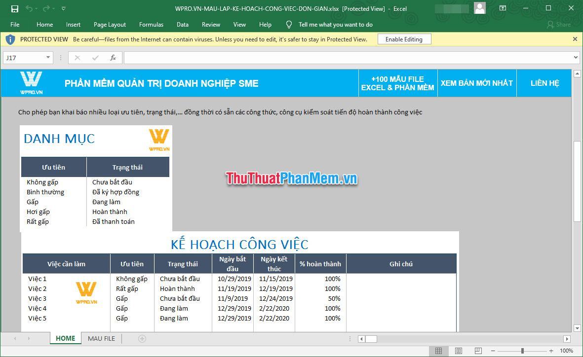 Mẫu kế hoạch công việc Excel chuẩn 5