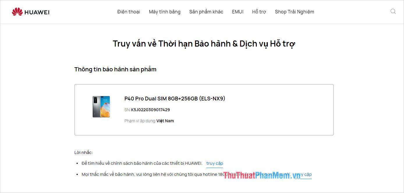 Khi kiểm tra bảo hành bạn sẽ thấy các thông tin như Tên máy, mã SN, nơi áp dụng bảo hành