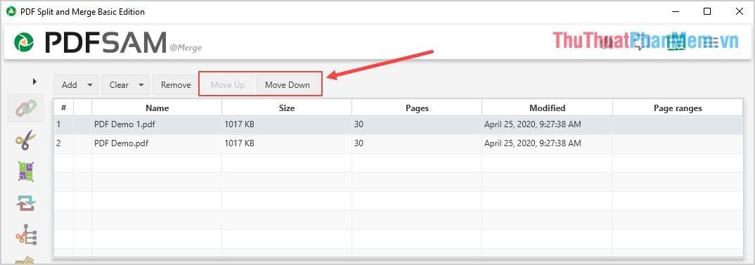 Chọn Move Up hoặc Move Down để di chuyển lên và xuống thứ tự của tệp PDF