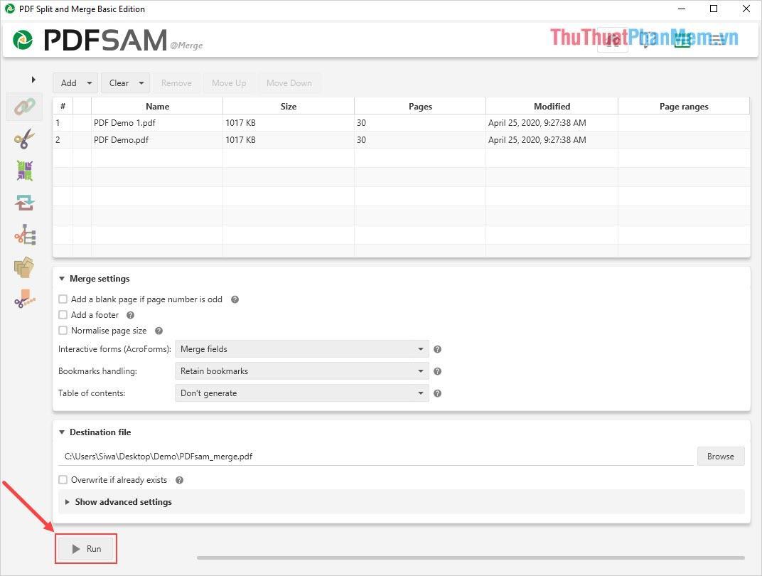 Chọn Run để ghép file PDF