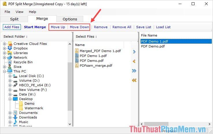 Chọn Move Up hoặc Move Down để thay đổi vị trí của file PDF khi ghép