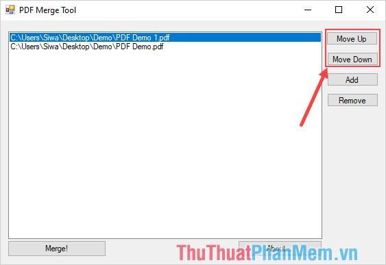 Chọn Move Up hoặc Move Down để sắp xếp vị trí file PDF