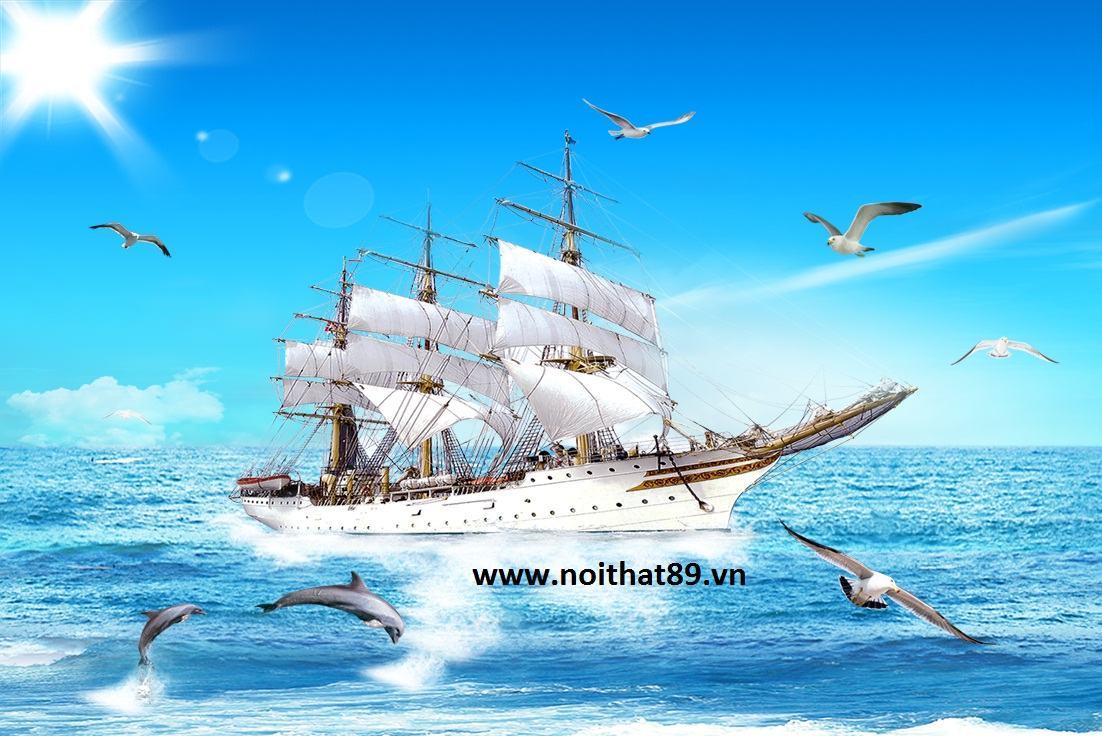 Tranh thuyền buồm hải âu biển xanh sóng trắng