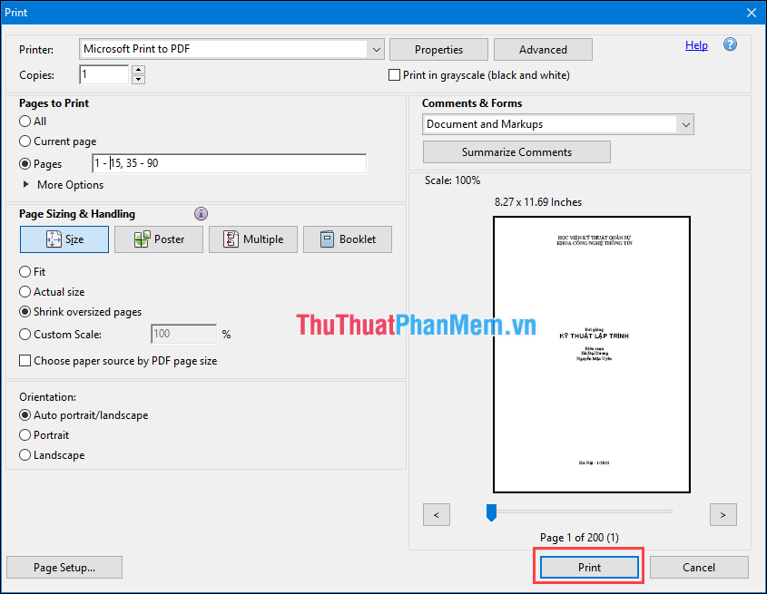 Chọn Print để tiến hành chia sẻ file