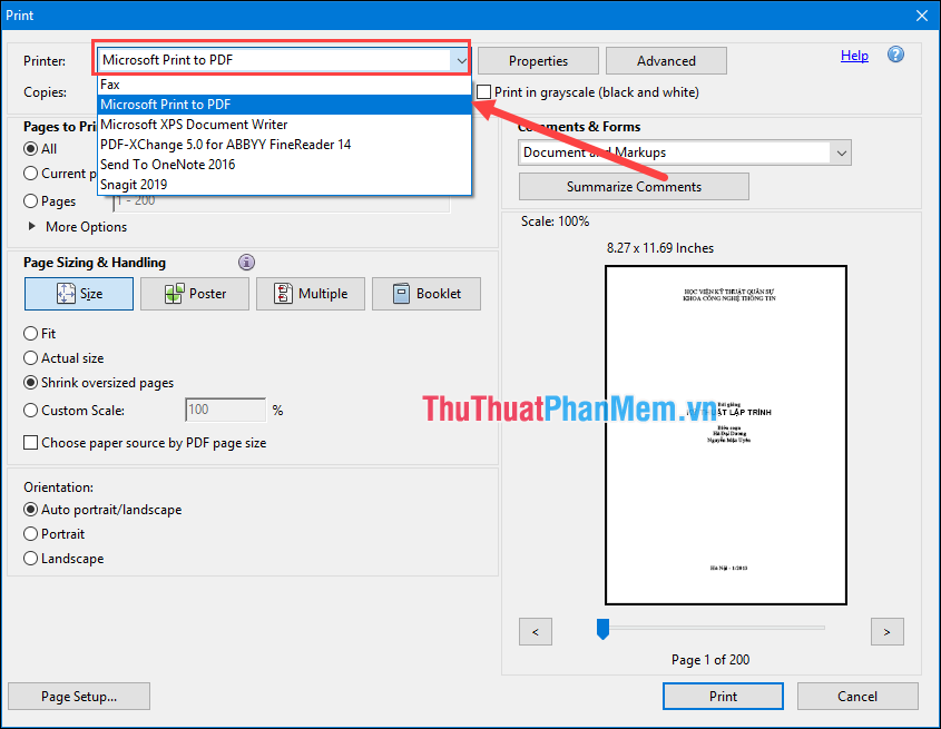 Chọn Microsoft Print to PDF