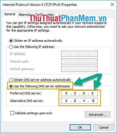 Sử dụng các địa chỉ máy chủ DNS sau