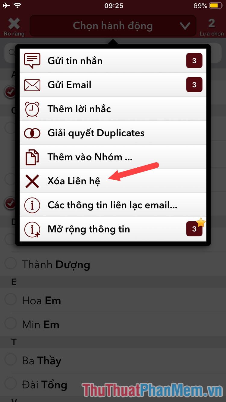 Nhấn Xóa liên hệ để xóa các liên hệ đã chọn