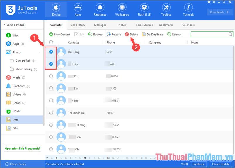 Chọn số liên lạc muốn xóa bằng cách tích vào vòng tròn rồi nhấn Delete