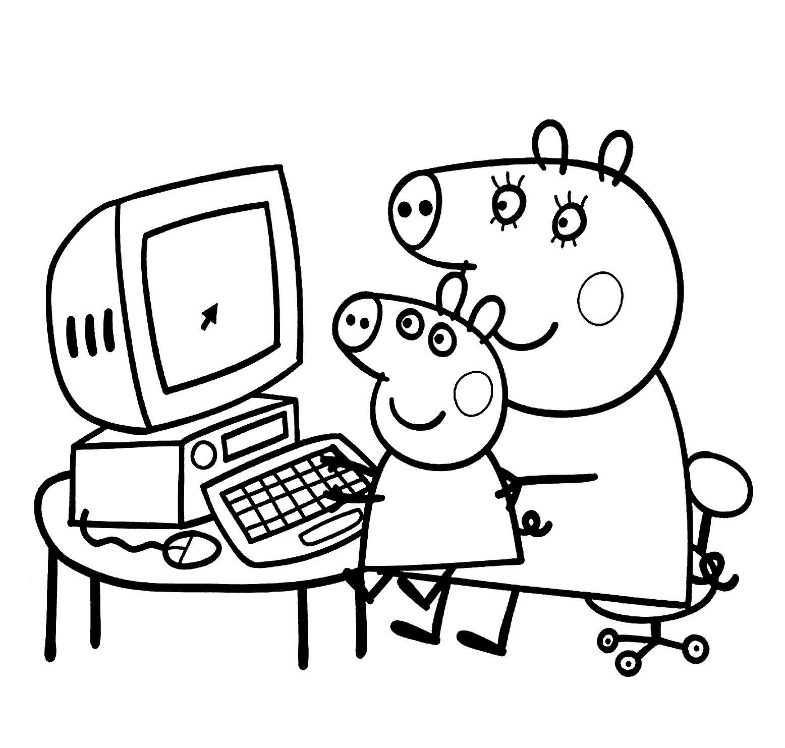 Tranh tô màu Peppa pig dạy bé chơi máy tính