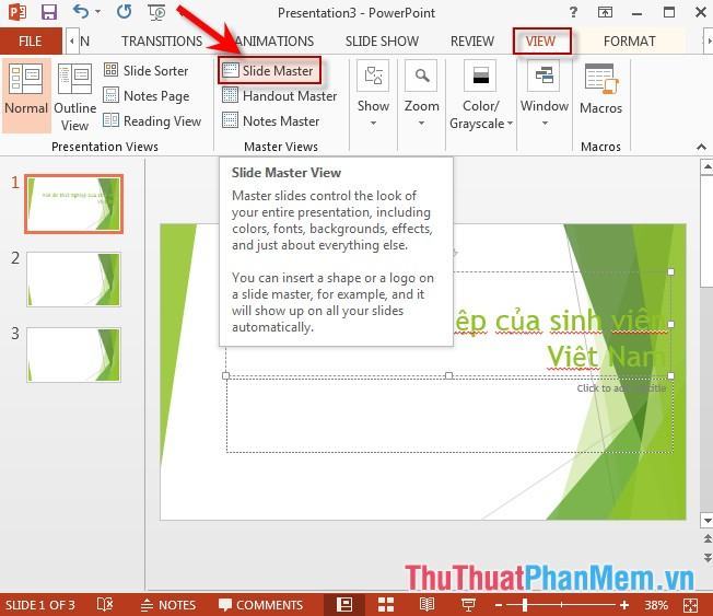 Tạo slide master của file trình chiếu - click View - Slide Master