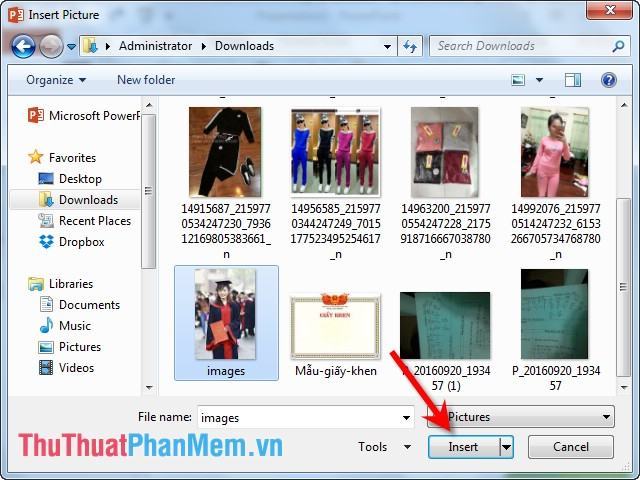 Chọn hình ảnh muốn chèn - Click Insert