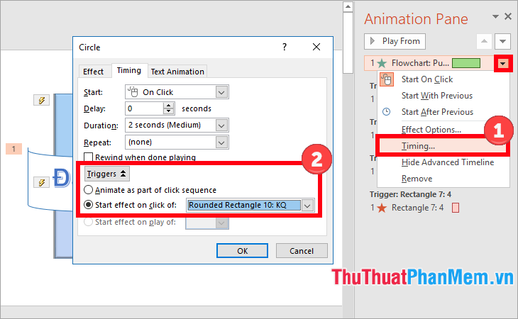 Trong thẻ Timing chọn Triggers - Start effect on click of - chọn tên ảnh